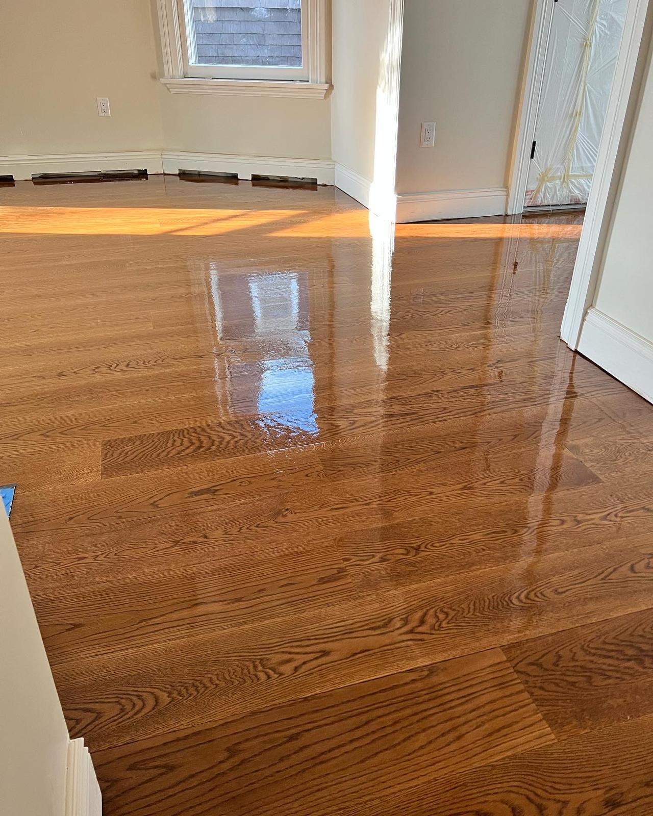 Freshly refinished hardwood floor in a sunlit hallway